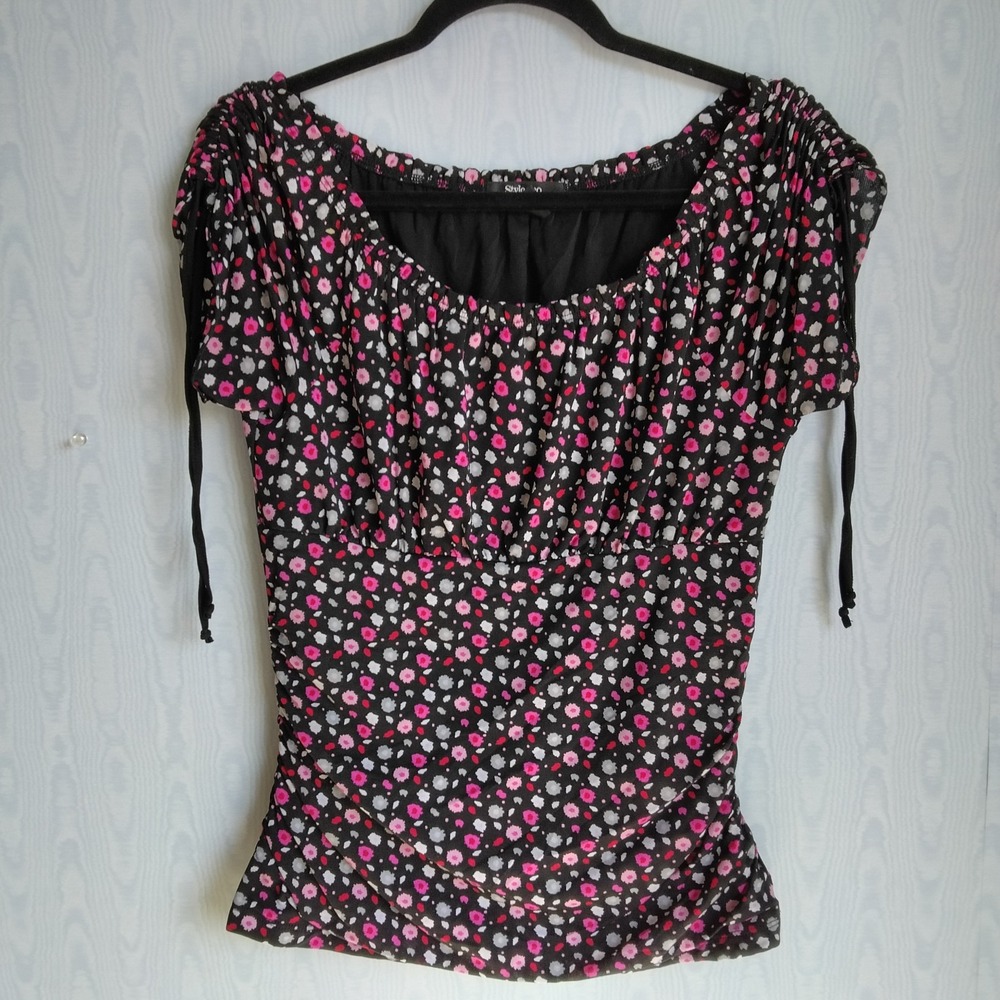 Y2K Babydoll Top Womens M Ruched Ditzy Floral Mesh Cap Sleeve Fairy Coquette